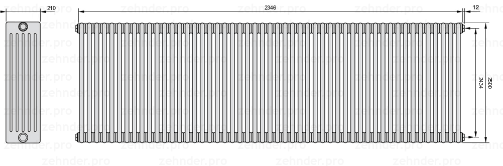 Схема (чертеж) Радиатор Zehnder Charleston 6250/51 №7610 Белый глянцевый RAL 9016